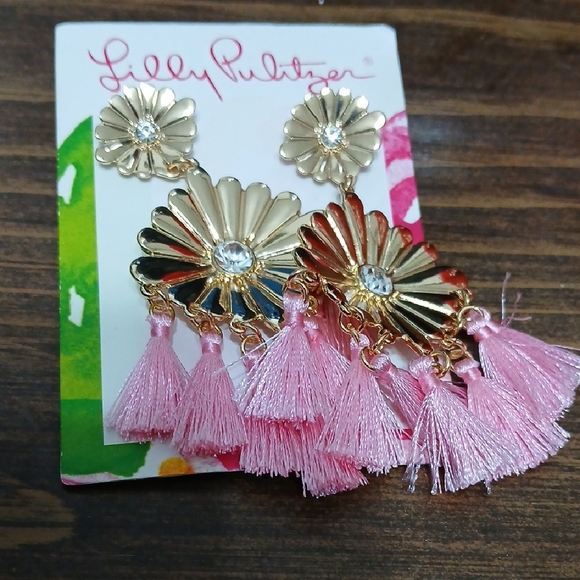 Lilly Pulitzer Gold Floral Earrings with Pink Tassels - Picture 1 of 1